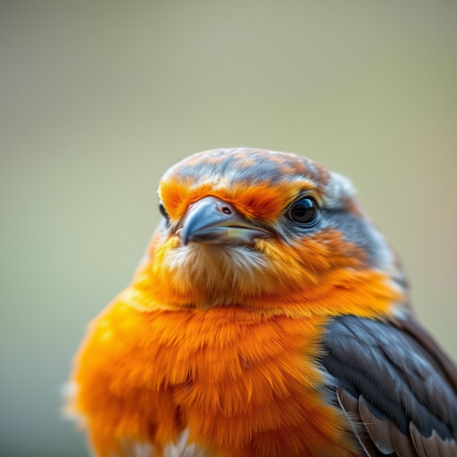 close-up portrait of a bird with vibrant orange and gray feathers, soft blurred background, natural light, 85mm lens, f/1.8 aperture, ISO 200, shallow depth of field, DSLR camera