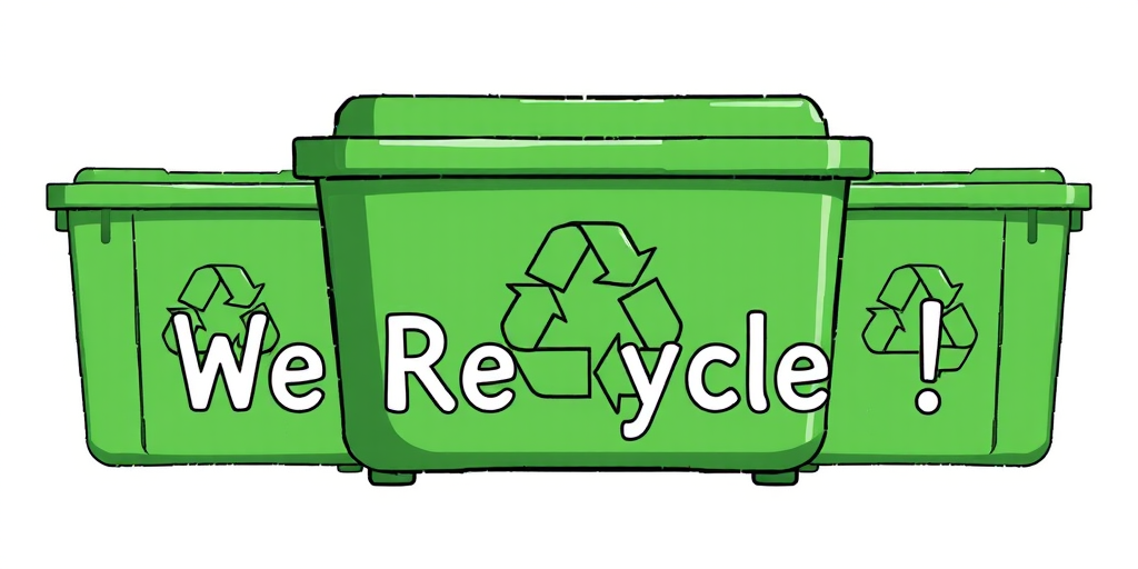 Create a detailed illustration of a green recycling bin with the text "We Recycle!" prominently displayed, using a DSLR camera, 50mm lens, f/2.8 aperture, ISO 100, and a focal length of 50mm, captured from a slightly elevated angle to emphasize depth and clarity.