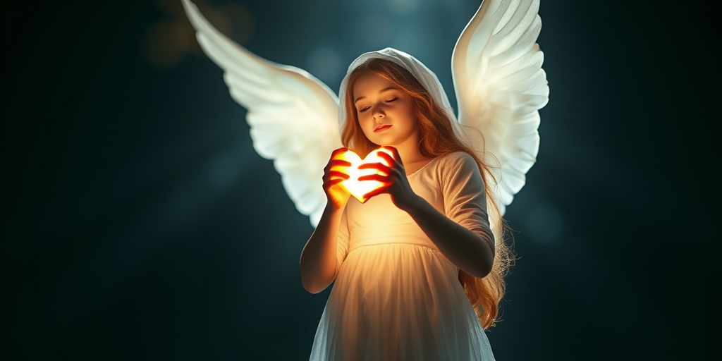 Create an ethereal image of a figure resembling a serene and loving character holding a glowing heart, illuminated with radiant light, captured from a low-angle view using a DSLR camera with a 50mm lens at f/1.8, ISO 100, and a soft-focus background to enhance the divine quality.