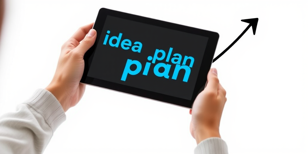 Create an image of a person holding a tablet, with words "idea", "plan", and "action" in bold blue fonts along an upward arrow, using a Canon EOS 5D Mark IV at f/4.0, ISO 100, 1/125 sec, with a bright white background and a focus on the tablet.
