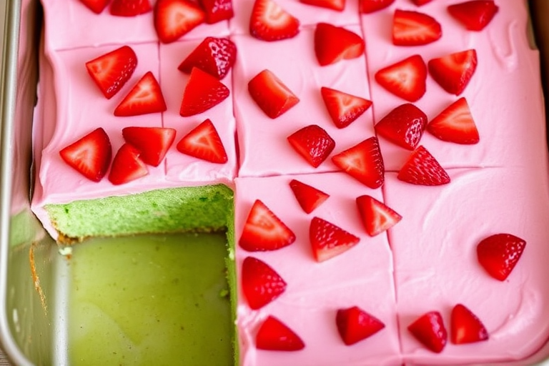 A rectangular dessert with a layer of green cake and pink frosting topped with chopped red strawberries arranged in squares, with one piece partially removed revealing a green interior and a light green sauce underneath, presented in a baking dish.