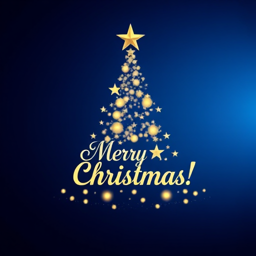 Create an elegant Christmas tree design with shimmering stars on a deep blue background, featuring the text "Merry Christmas!" in a stylish font; use a DSLR camera with a 50mm lens, aperture set to f/2.8, ISO 100, and soft bokeh effect for a magical touch.