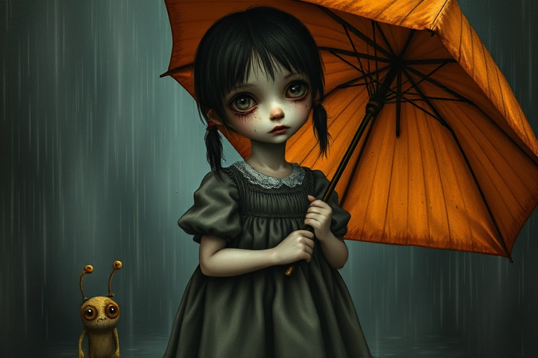 An eerie, weird little girl with dark hair in thin pigtails, wearing a smock dress, standing in the rain, holding a dirty orange umbrella, a small, odd creature beside her. In a surreal style inspired by Nicoletta Ceccoli and Brian Froud. Dark fantasy themes