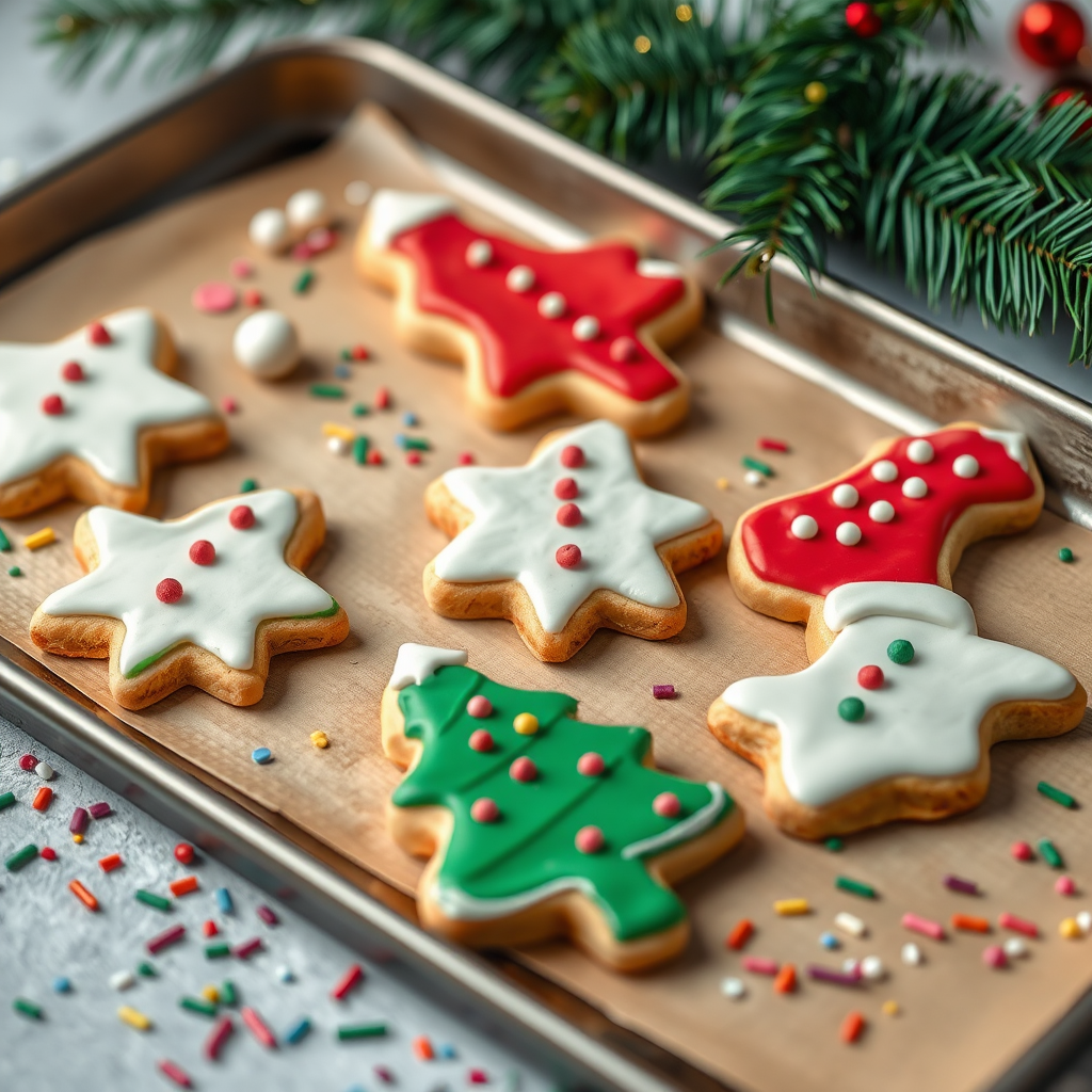 Create a festive baking scene featuring decorated Christmas cookies on a baking sheet, with colorful sprinkles scattered around, captured with a Canon EOS 5D Mark IV, 50mm lens, aperture f/2.8, ISO 100, top-down view, and vibrant colors for enhanced image quality.