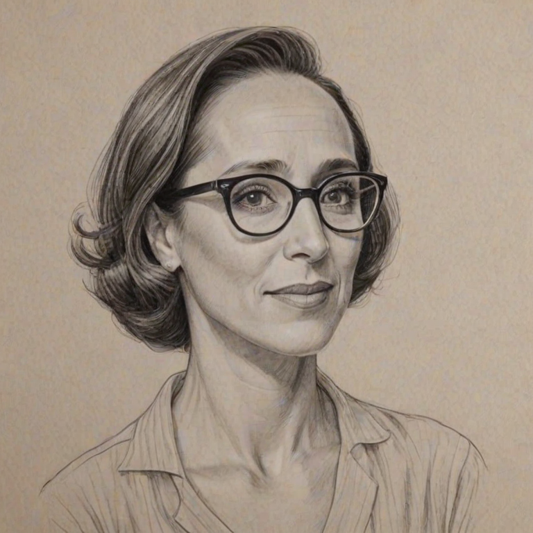 Enchanting Laurie Metcalf, pencil sketch, portrait of Captivating woman 1953s in glasses, hair style beatnik, outline, clear lines, fine lines, 8k