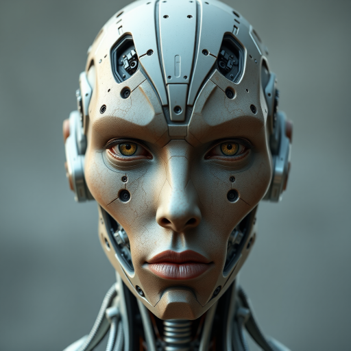 Create a hyper-realistic portrait of a humanoid figure with intricate biomechanical features, frontal view, soft focus lens, f/1.8 aperture, ISO 100, 50mm lens, and natural lighting for enhanced detail and texture.