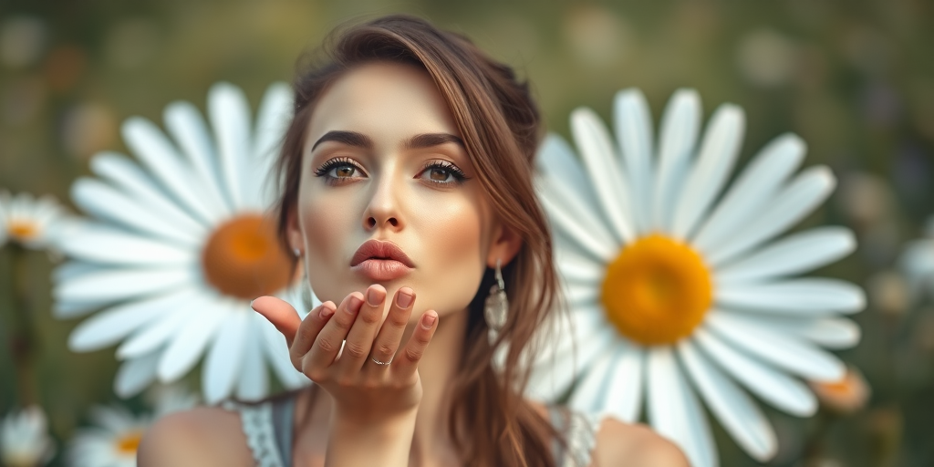 Create an image of a stylized woman blowing a kiss with a large daisy in the background, shot with a Canon EOS 5D Mark IV, 50mm lens, f/1.8, ISO 100, natural light, shallow depth of field.