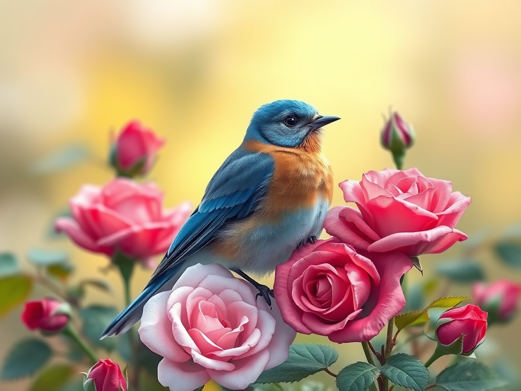 Create a detailed and vibrant illustration of a bluebird perched among blooming roses, with a soft-focus background, using a DSLR camera at f/2.8 aperture, ISO 100, 50mm lens, shot in natural light for enhanced color saturation and depth.