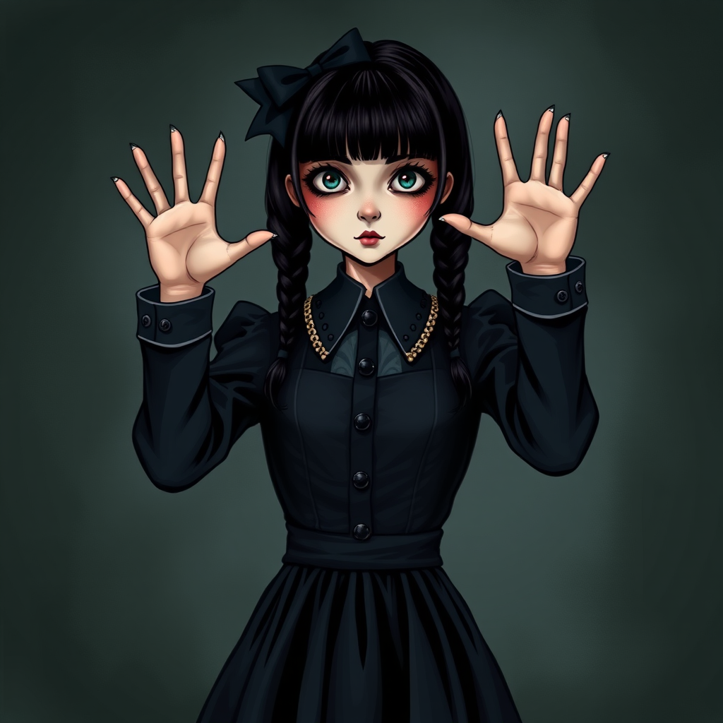 Digital art, full height portrait of Wednesday Addams, standing up with her hands in the air as if in a hold-up. Her dark, gothic attire replaces Alice’s classic blue dress, and she wears black shoes instead of blue. A small, neat black bow adorns her hair, capturing her signature style. The overall composition maintains a whimsical yet eerie tone, similar to Alice in Wonderland, while showcasing Wednesday’s iconic gothic charm.