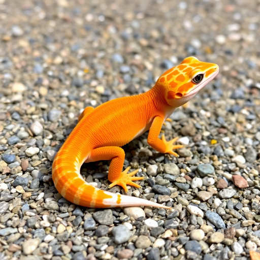 A vibrant orange gecko with unique patterns stands on a gravel surface, showcasing its smooth skin and alert posture, blending nature's beauty with detailed textures.