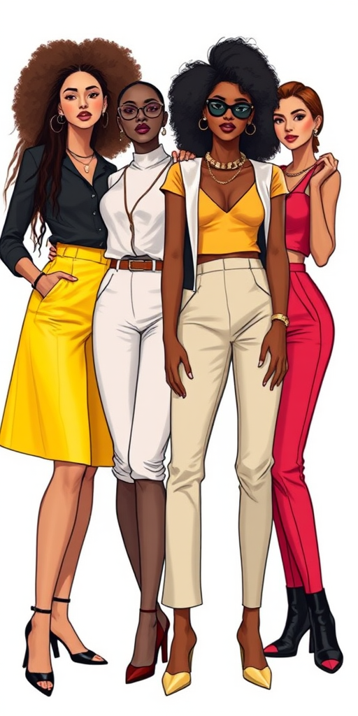 Create a digital illustration of four diverse fashion-forward women standing together, showcasing their unique styles; use a bright white background for contrast; apply a 50mm lens with an aperture of f/2.8 for a shallow depth of field; utilize soft lighting to enhance textures and colors; shot with a mirrorless camera to achieve high resolution and clarity.