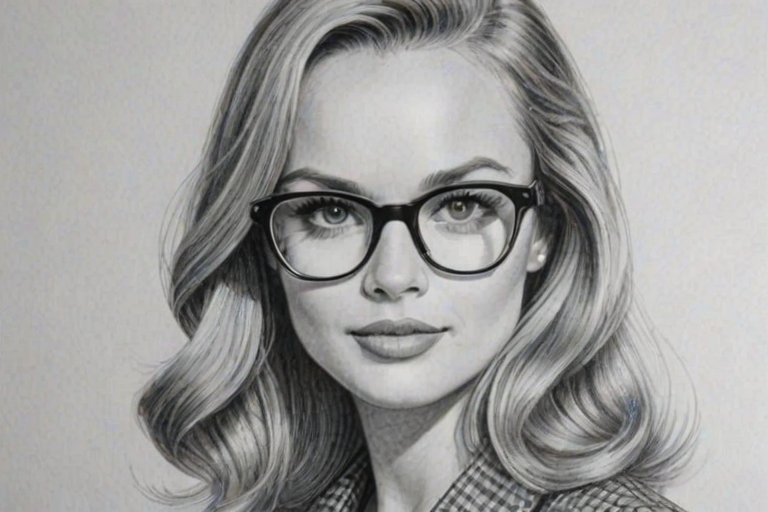 Splendid Fiona Gubelmann, pencil sketch, portrait of Beauteous woman 1960s in glasses, hair style beatnik, outline, clear lines, fine lines, 8k