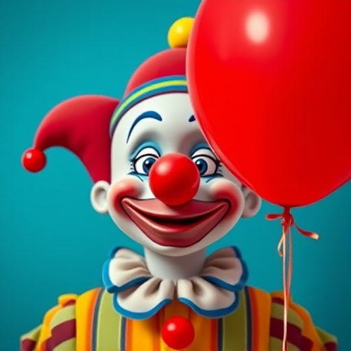 Create a vibrant and colorful image of a cartoon clown with a large red balloon, using a DSLR camera with a 50mm lens, f/2.8 aperture, ISO 100, and natural lighting for enhanced clarity and detail.