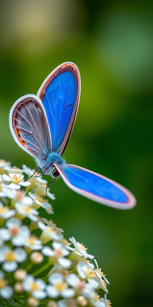 macro shot of a blue butterfly resting on white flowers with a blurred green background, aperture f/2.8, shutter speed 1/250 sec, ISO 200, 50mm lens, DSLR camera, natural light