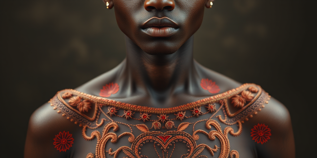 Face, shoulders, chest covered in openwork Creole embroidery. Raw, unedited image.