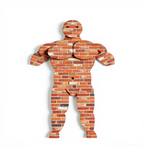 Create an image of a muscular figure made up of brick patterns, with a white background, captured in high resolution using a DSLR camera set to f/2.8, ISO 100, and a focal length of 50mm, shot from a front view with a soft focus effect.