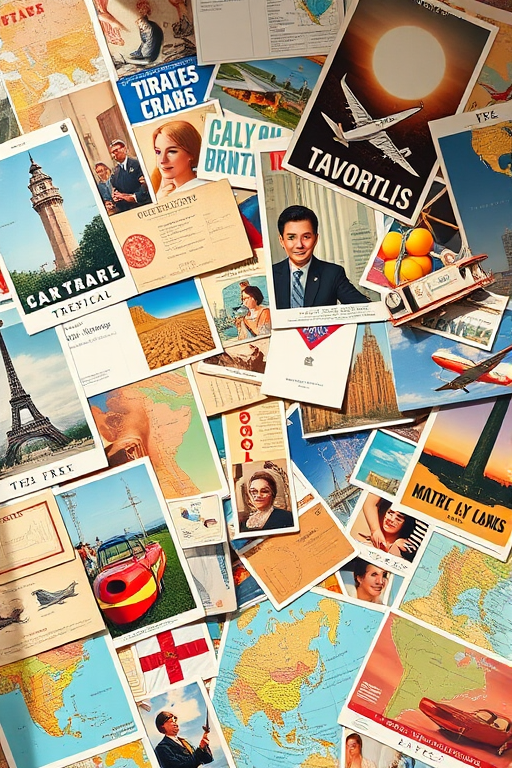 Create an intricate flat lay composition of vintage travel posters, postcards, and ephemera scattered artistically, shot with a Canon EOS R5 at f/8, 1/125 sec, ISO 100, in natural light from above, using a macro lens for enhanced detail and sharpness.
