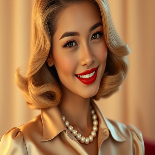 A beautiful Thai woman reminiscent of 1950s Hollywood glamour, with perfectly styled blonde hair and a seductive smile, dressed in a satin blouse and adorned with pearls, soft and warm tones, photorealistic, 8K