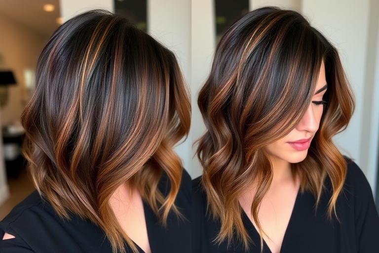 Luscious chocolate brown locks styled in a sleek asymmetrical lob, accented with caramel babylights, exuding warmth and sophistication, titled "Mocha Whisper"