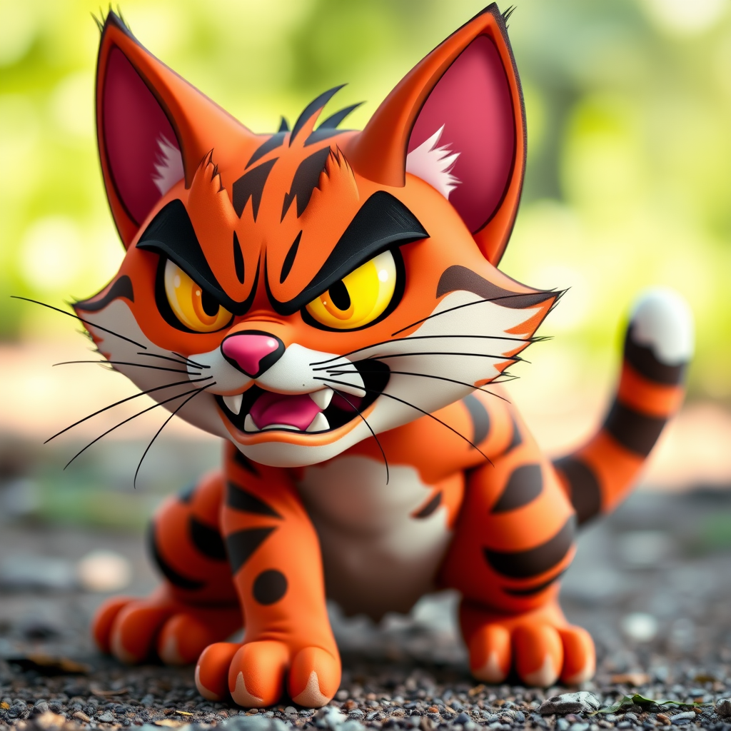 Generate a detailed image of an angry cartoon cat character, shown in a dynamic crouching pose, with vibrant colors and expressive features, taken with a DSLR camera at f/2.8 aperture, ISO 100, 50mm lens, in natural lighting, focused sharply on the character while slightly blurring the background to enhance depth.