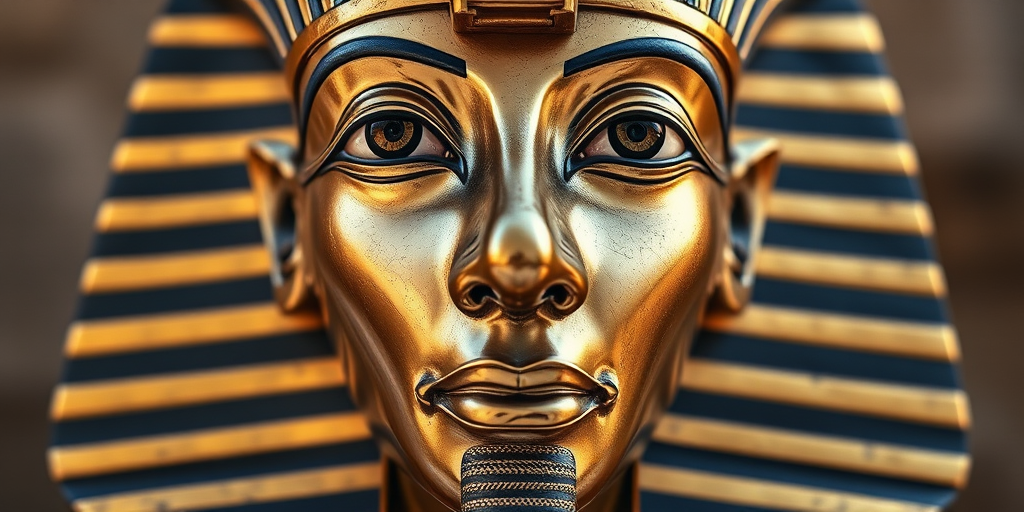 Create an image of a detailed pharaoh's mask with intricate patterns and colors, using a DSLR camera with a 50mm lens, f/8 aperture, ISO 200, shot in natural light from a frontal view to enhance clarity and vibrance.