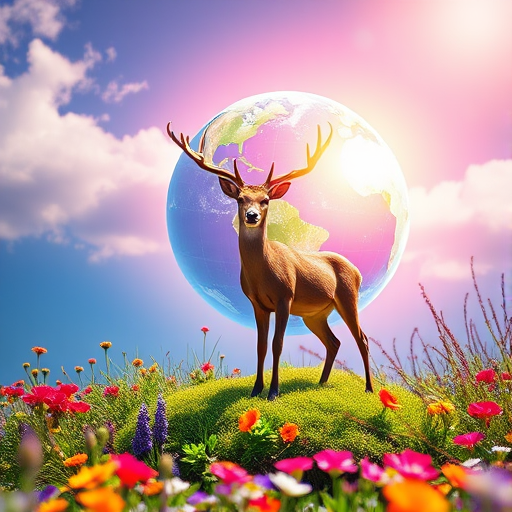 Create a vibrant fantasy scene featuring a deer standing on a grassy hill surrounded by colorful flowers with a glowing Earth in the background, captured with a DSLR camera, f/2.8 aperture, 50mm lens, ISO 100, sunny lighting, and a slight bokeh effect for depth.