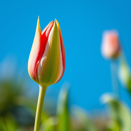 generate an image of a tulip bud in a garden with a blurred blue background using a Canon EOS 5D Mark IV, 50mm lens, f/2.8 aperture, ISO 100, 1/200s shutter speed, with macro photography style for enhanced detail and clarity.