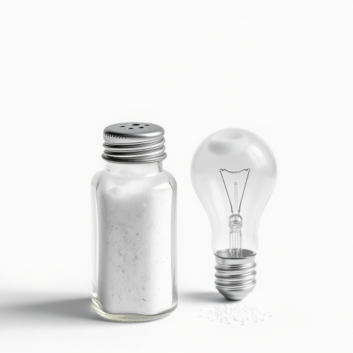 Create a high-resolution illustration of a salt shaker and a light bulb, use a white and gray color palette with textured details, shot with a Canon EOS R5 at f/8 aperture, ISO 100, in soft natural light, with a shallow depth of field to enhance the subject clarity and detail.