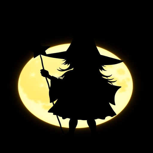 Create a silhouette of a whimsical figure wearing a pointed hat, holding a star wand, set against a bright circular background that resembles a glowing moon. The figure should have a playful and enchanting vibe, emphasizing a sense of magic and wonder.