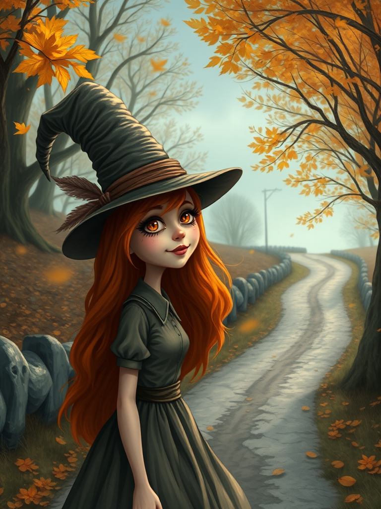 digital art fantasy depicting a strange girl with orange hair, long eyelashes, brown lipstick and a tall hat walking along a winding road on an autumn afternoon, an Oyster smiles as she passes