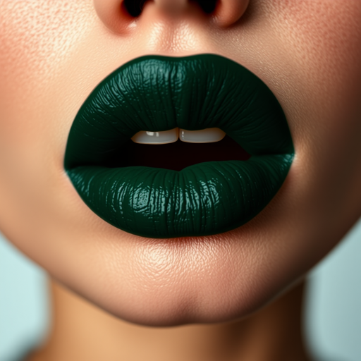 Dark forest green lips with a matte finish, showcasing a daring and unconventional color choice, perfect for a high-fashion editorial spread
