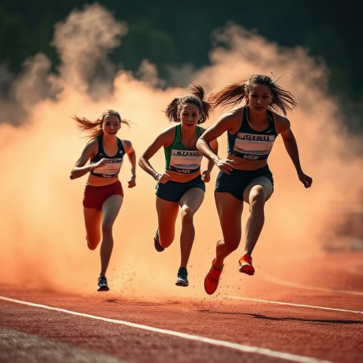 Capture a dynamic scene of female athletes sprinting in a smoky, ethereal background with high contrast, using a DSLR camera at f/2.8, ISO 400, shutter speed 1/1000s, wide-angle lens, and a low-angle shot for dramatic effect.