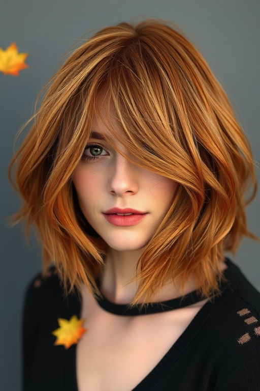 Autumnal copper bob with subtle gold leaf accents, Harvest's hair captures the warmth of fall, with textured layers and face-framing pieces that resemble gently falling leaves