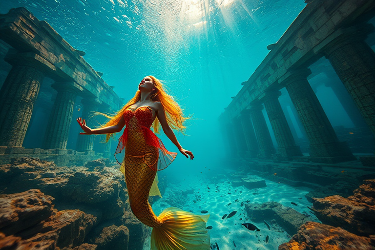 Create an ethereal underwater scene featuring a mermaid with long flowing hair, wearing a shimmering golden scale dress, surrounded by ancient ruins and colorful fish, shot with a Canon EOS R5 at f/2.8, ISO 100, 1/125s, using a wide-angle lens from a low angle to capture depth and vibrancy, enhancing image quality through soft natural lighting and rich colors.