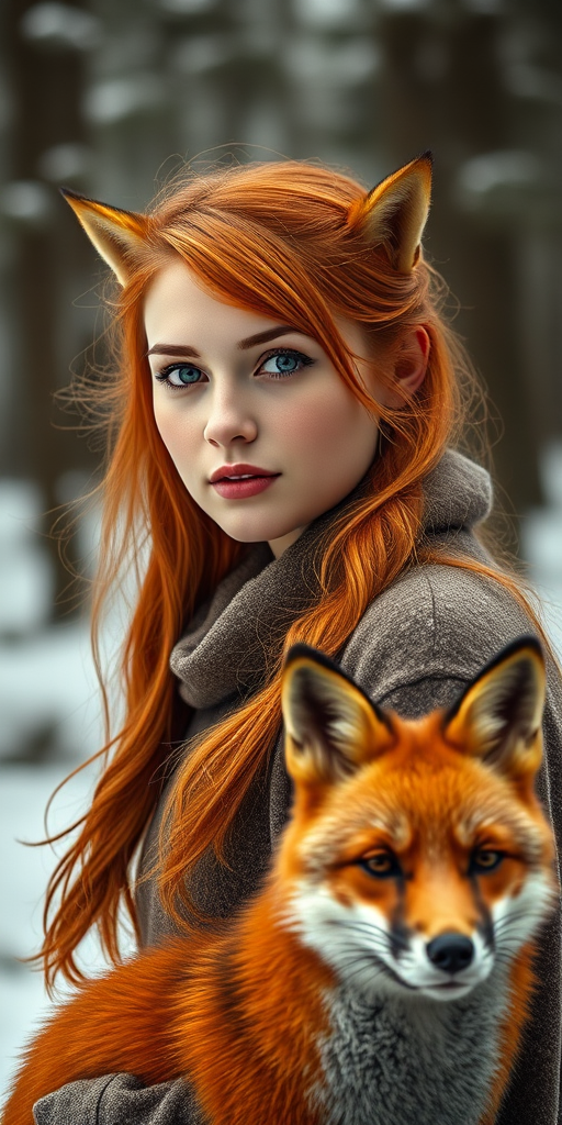Create a detailed portrait of a young woman with red hair and pointed ears standing in a snowy forest with a fox beside her, using a Canon EOS R5, 50mm lens, f/1.8 aperture, at ISO 100, soft natural lighting, and a shallow depth of field to enhance focus on the subjects.