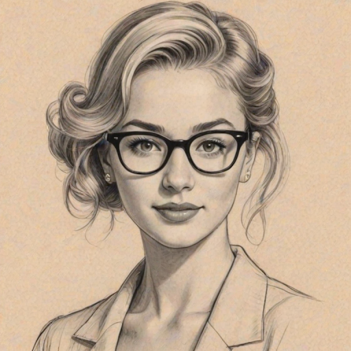 Charming Chloe Lukasiak, pencil sketch, portrait of Elegant woman 1954s in glasses, hair style beatnik, outline, clear lines, fine lines, 8k