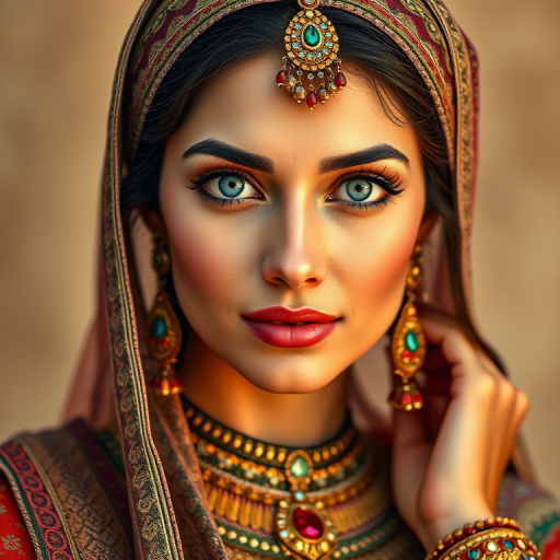 Create a portrait of a beautiful Pakistani woman with striking blue eyes and a gentle expression. She is adorned in traditional attire with intricate patterns, including a richly embroidered headscarf and matching garments. Her jewelry includes a delicate headpiece, dangling earrings, and ornate bracelets, all featuring vibrant gemstones and detailed metalwork. The background is soft and warm, enhancing the rich colors of her outfit and jewelry.