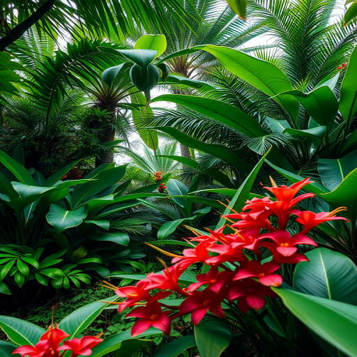 Generate an image of a detailed tropical landscape with lush greenery and vibrant flowers, captured with a Canon EOS R5 at f/2.8, ISO 100, and a shutter speed of 1/200 sec, using a wide-angle lens from a low angle perspective to emphasize depth and richness in color.