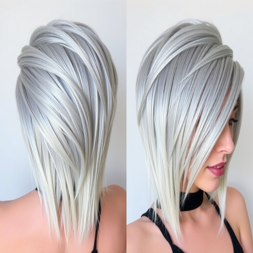 Metallic silver hair styled in a futuristic asymmetrical cut with sharp angles and geometric shapes, featuring holographic accents for a space-age aesthetic called Mercury Maven