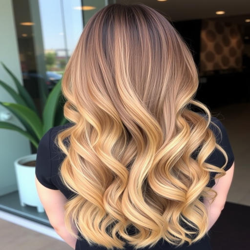 Elegant balayage ombre transitioning from dark roots to honey blonde ends, long wavy tresses cascading down the back, exuding effortless glamour and sophistication