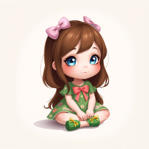 digital illustration of a kid girl with brown hair and blue eyes, sitting on the floor with her legs crossed and her hands resting on her knees. she is wearing a green floral dress with a pink bow on the front and a pair of green shoes with gold ribbon. She has a pink bows on her head. The background is a light beige color with a subtle texture. whimsical and dreamy.The color scheme is soft and muted pastel.