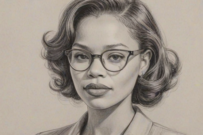 Charming Carmen Ejogo, pencil sketch, portrait of Charming woman 1948s in glasses, hair style beatnik, outline, clear lines, fine lines, 8k