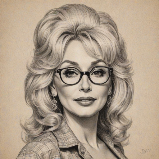 Sublime Dolly Parton, pencil sketch, portrait of Exquisite woman 1957s in glasses, hair style beatnik, outline, clear lines, fine lines, 8k