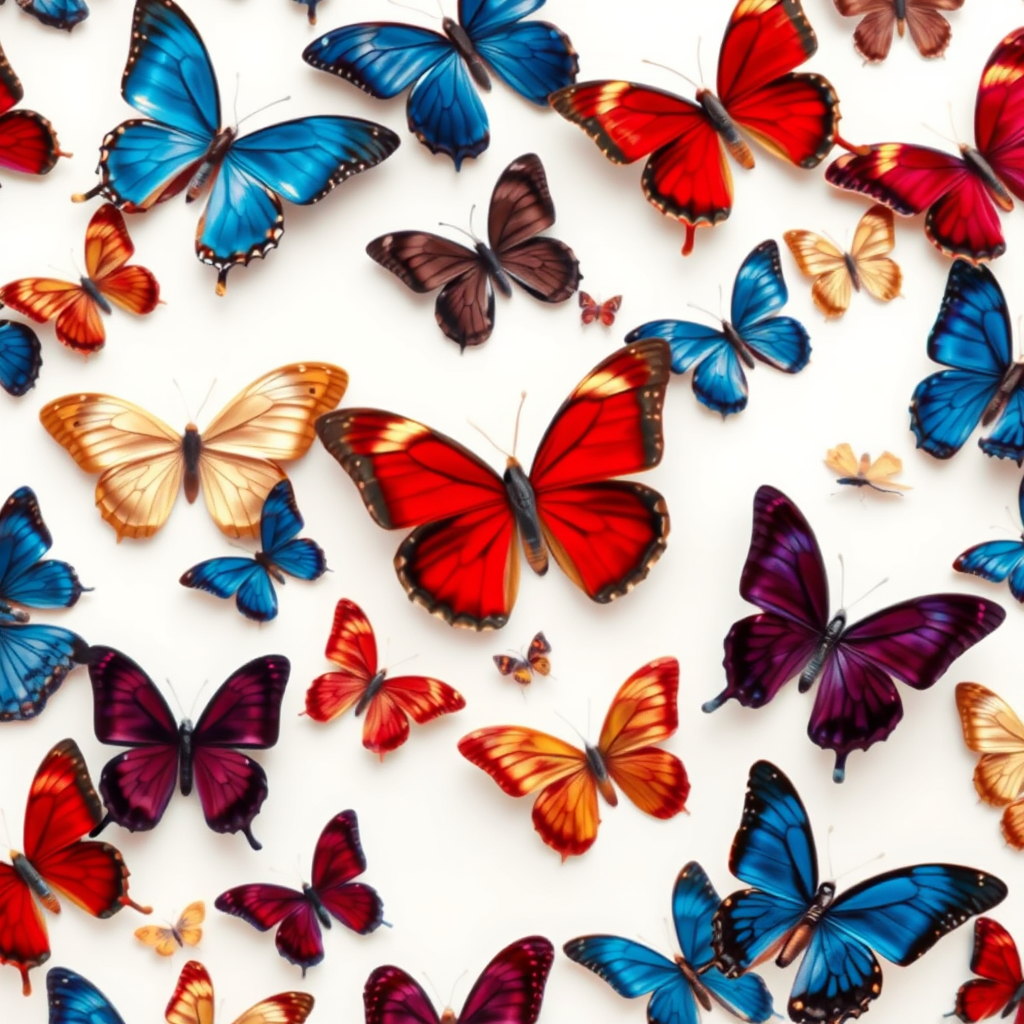 Create a vibrant pattern of various butterflies in shades of blue, red, beige, and maroon against a white background, using a DSLR camera with a 50mm lens, aperture f/4, ISO 200, and a top-down view to capture intricate details and enhance image sharpness.