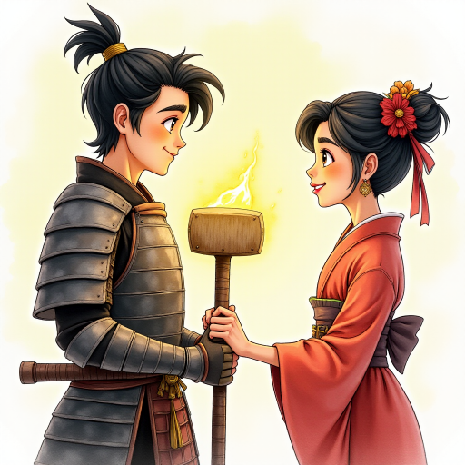 A watercolor and ink-painted, detailed line drawing of a young samurai in armor with black hair, clean-shaven, big eyes, and a large smile, standing next to a beautiful woman in a kimono. Both are holding the shaft of a warhammer together, with the head of the warhammer now adjusted to the proper size. They are the same height and look at each other with affection. The samurai is glowing with a yellowish aura, radiating warmth. The scene has a whimsical, adventurous feel in a Disney-Pixar aesthetic, with soft watercolor tones, intricate ink details, and a magical, cinematic atmosphere