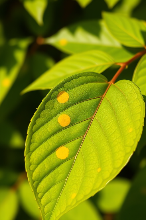 please regenerate an image of vibrant green leaves with yellow spots in bright natural light using a DSLR camera at f/4 aperture, 1/200 shutter speed, ISO 100, with a macro lens and a shallow depth of field for enhanced detail and clarity
