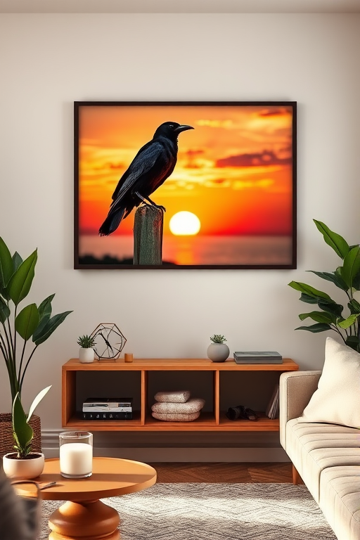 sunset over a coastal landscape with a crow perched on a fence post, warm colors, soft focus, f/4 aperture, 1/125 sec shutter speed, ISO 100, DSLR camera, wide-angle lens, natural light, framed on a wall in a cozy living room with modern decor and plants