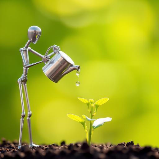 A metal figurine of a person, constructed from thin, silver rods, stands on the left side of the image, facing the viewer. The figurine is holding a small watering can and pouring water onto a young plant, with a few droplets in the air. The plant, with lush green leaves, is situated in the center, growing from dark soil. The background is a soft, out-of-focus blur of green, illuminated by warm, natural light.  The composition creates a sense of depth and intimacy. The image evokes feelings of growth, nurture, and hope.