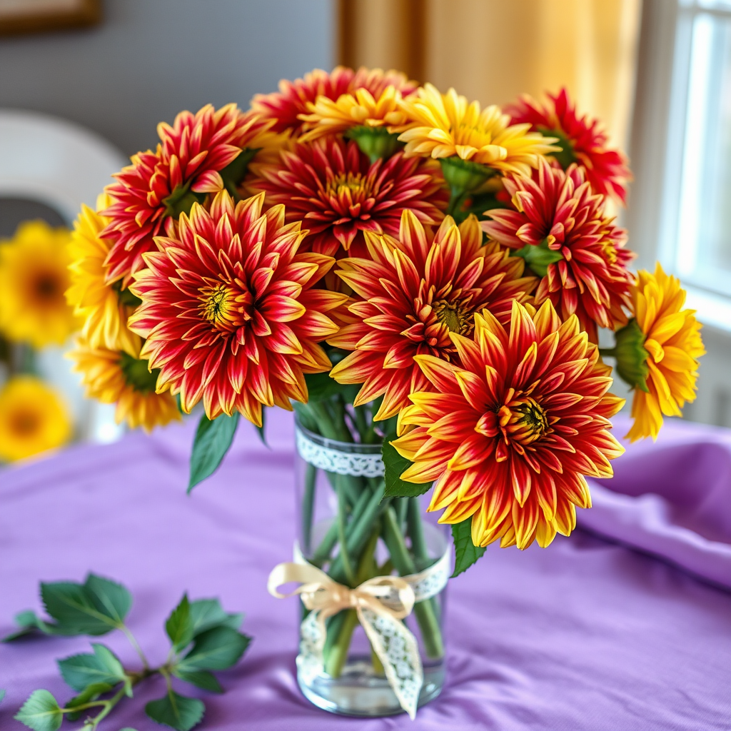capture a vibrant bouquet of yellow and red dahlias in a clear glass vase with a lace ribbon on a soft purple tablecloth, use a macro lens, aperture f/2.8, shutter speed 1/60 sec, ISO 200, natural soft lighting for enhanced detail and color saturation