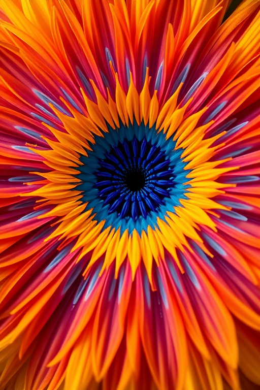 Regenerate a vibrant explosion of colors with a central blue core, surrounded by fiery oranges and yellows, high dynamic range, captured with a Canon EOS R5, 50mm lens, f/8 aperture, ISO 100, in a macro photography style for enhanced detail and clarity.
